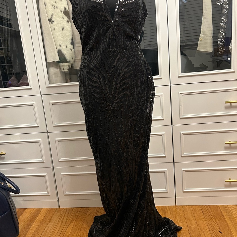 Fashion Nova Black Beaded V-Neck Maxi Dress